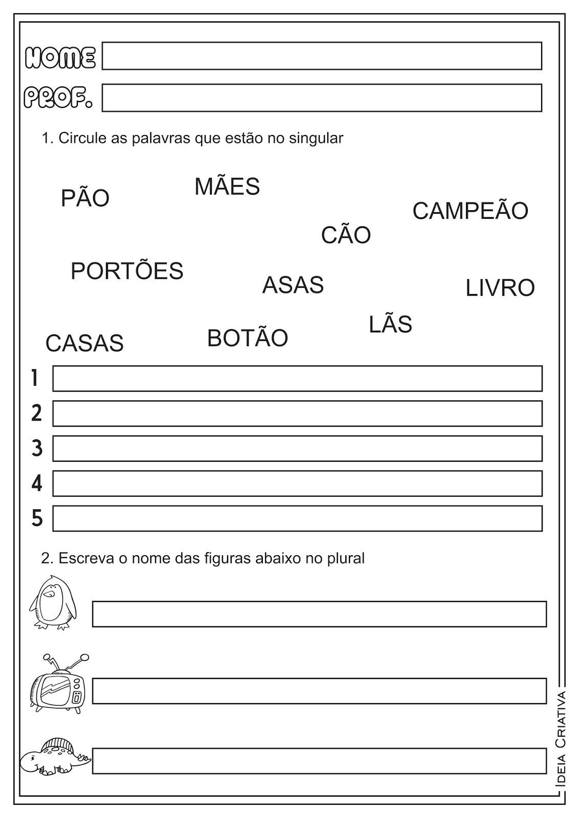 Atividades sobre plural – Língua Portuguesa