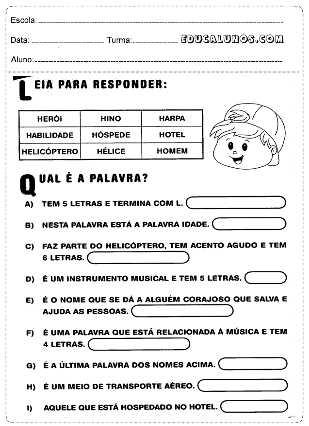 Exercícios de língua de portuguesa para o 1º ano